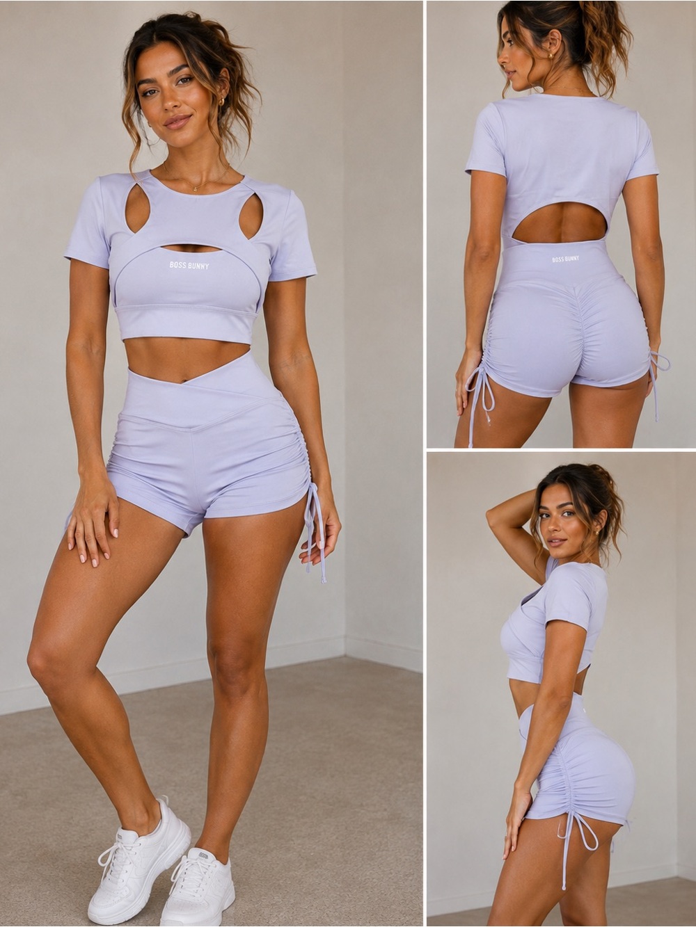 NWOT BOSS BUNNY Lilac Cutout Active Crop Top Srunch Butt Shorts Set Large